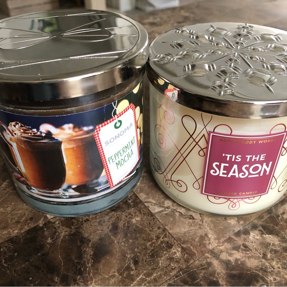 BBW Tis the Season candle and Sonoma Peppermint Mocha candle